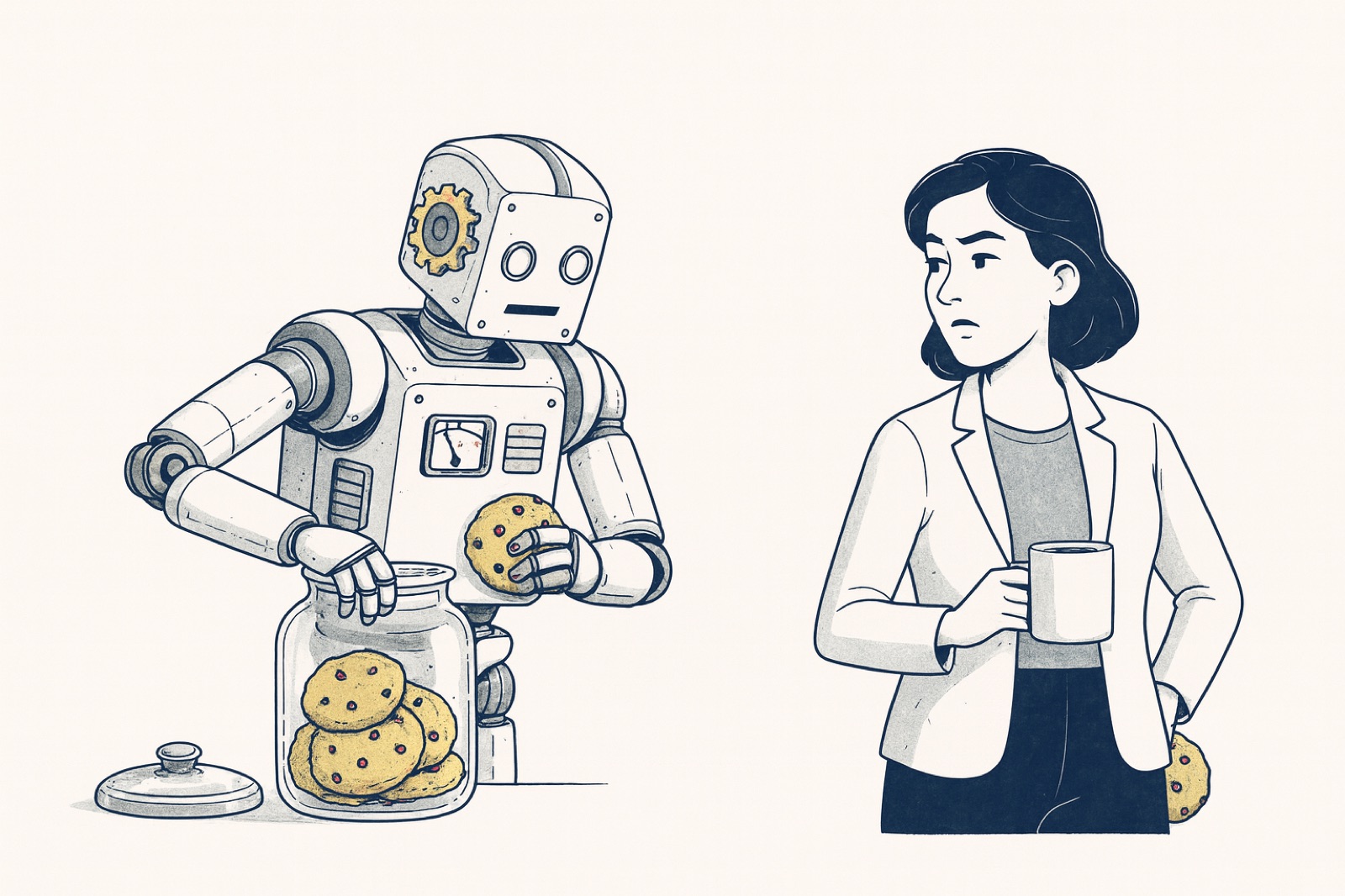 Robot caught with its hand in a cookie jar by an unimpressed businesswoman