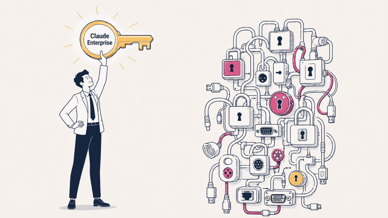 Editorial cartoon: a businessperson holding a giant Claude Enterprise key beside a tangled wall of mismatched locks and pipes