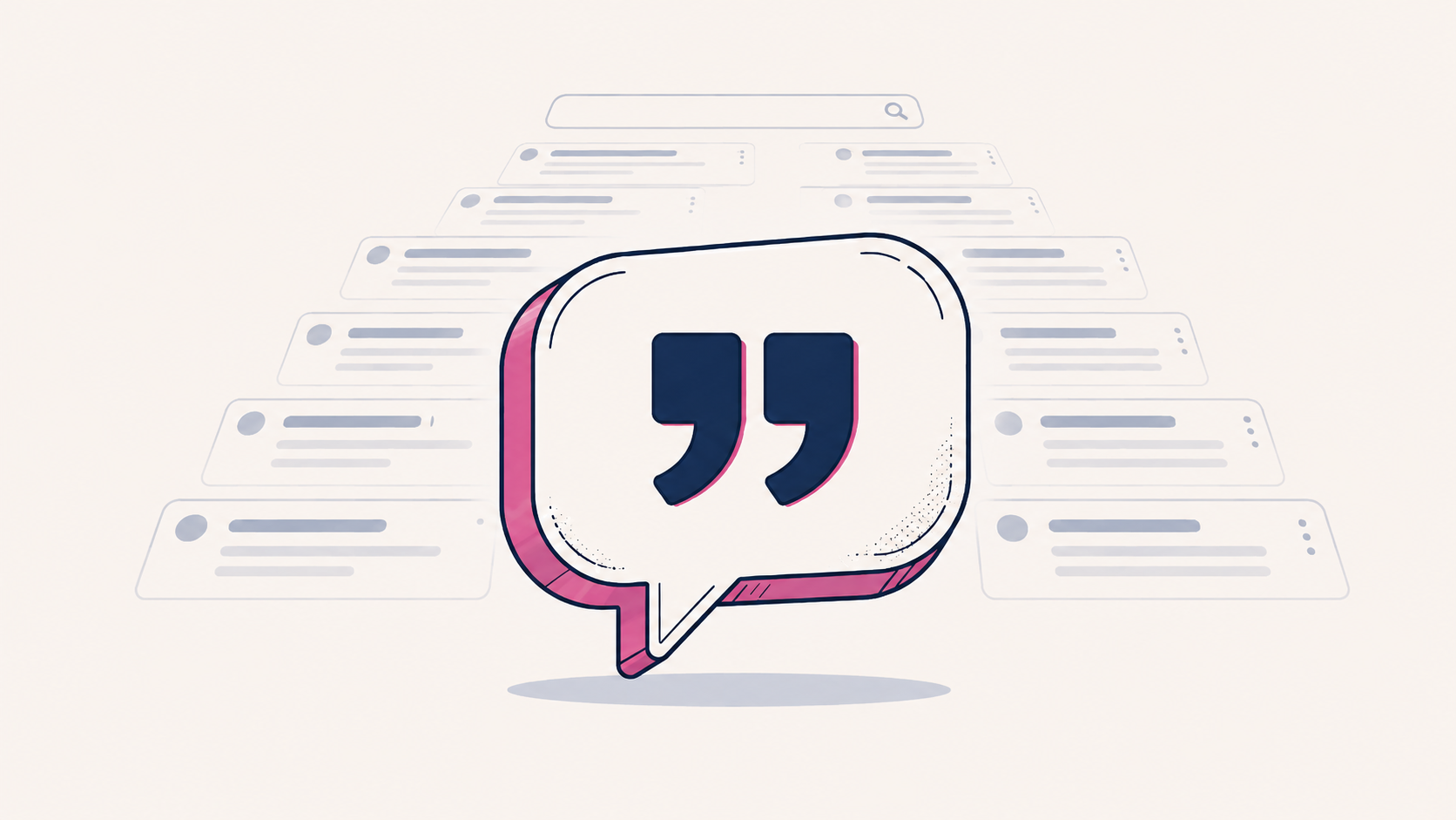 Editorial illustration of an AI chat-bubble citation rising in front of a faded SERP of blue links