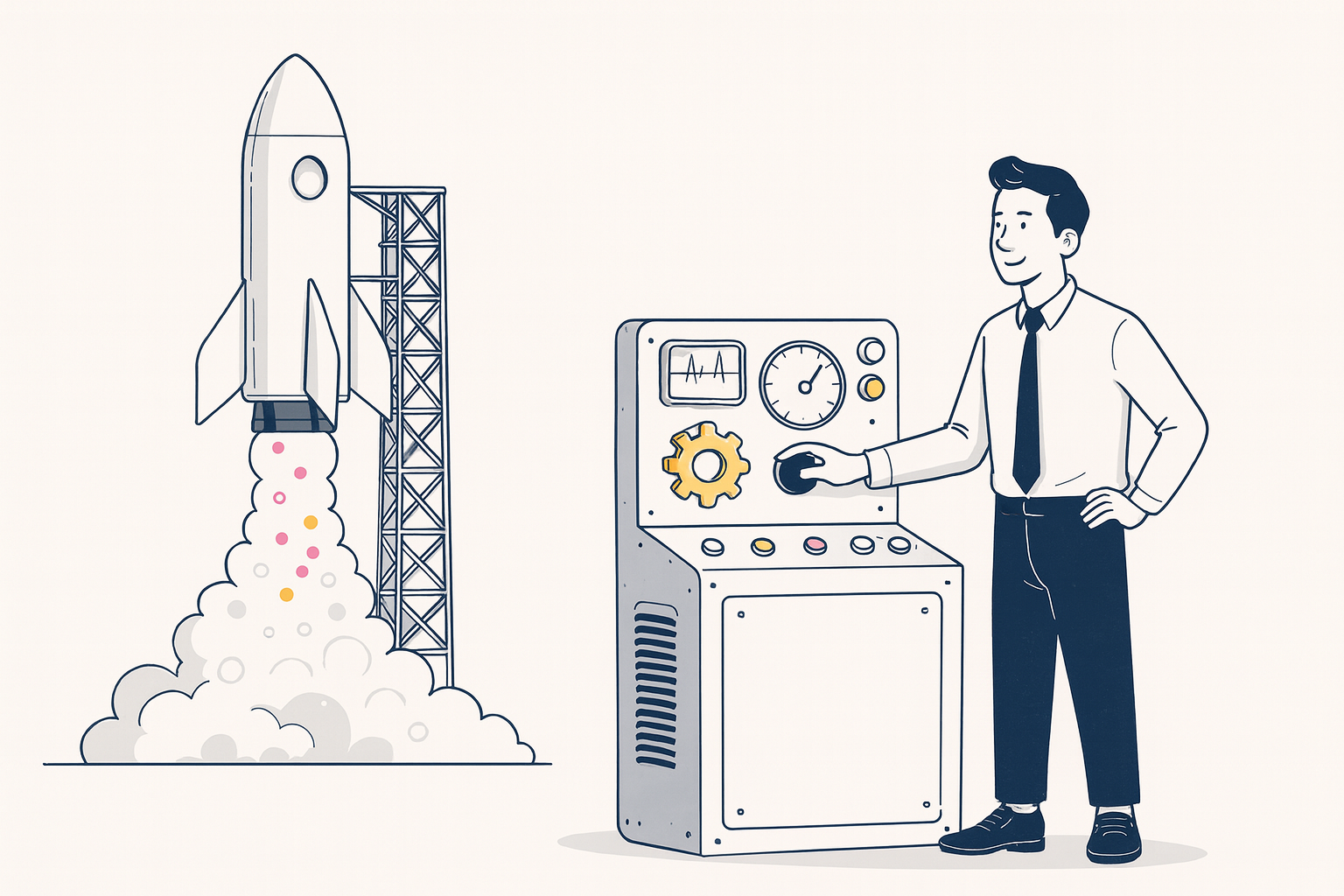 Editorial illustration of a fractional CMO for Series A mapping a post-raise marketing build on a planning board