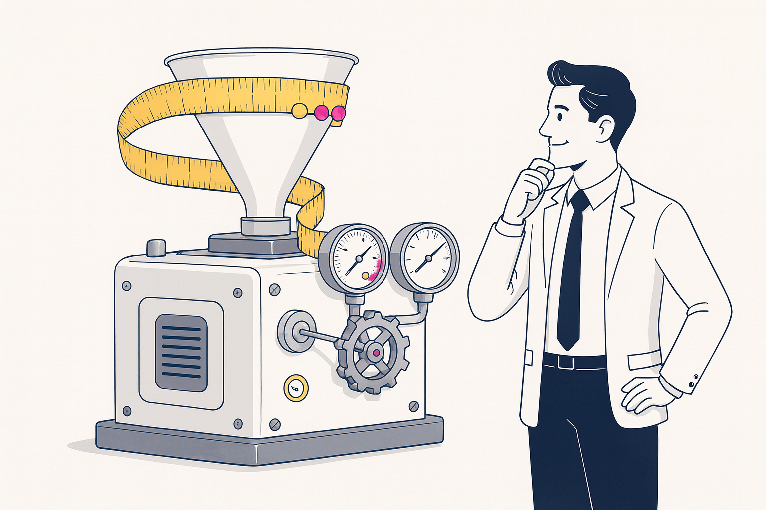 Editorial illustration of a marketing measurement framework: a measuring tape wrapped around a sales funnel with gauge dials