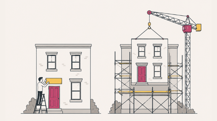 Illustration of a two-column tick-box checklist comparing the signals for a company rename versus a full rebrand