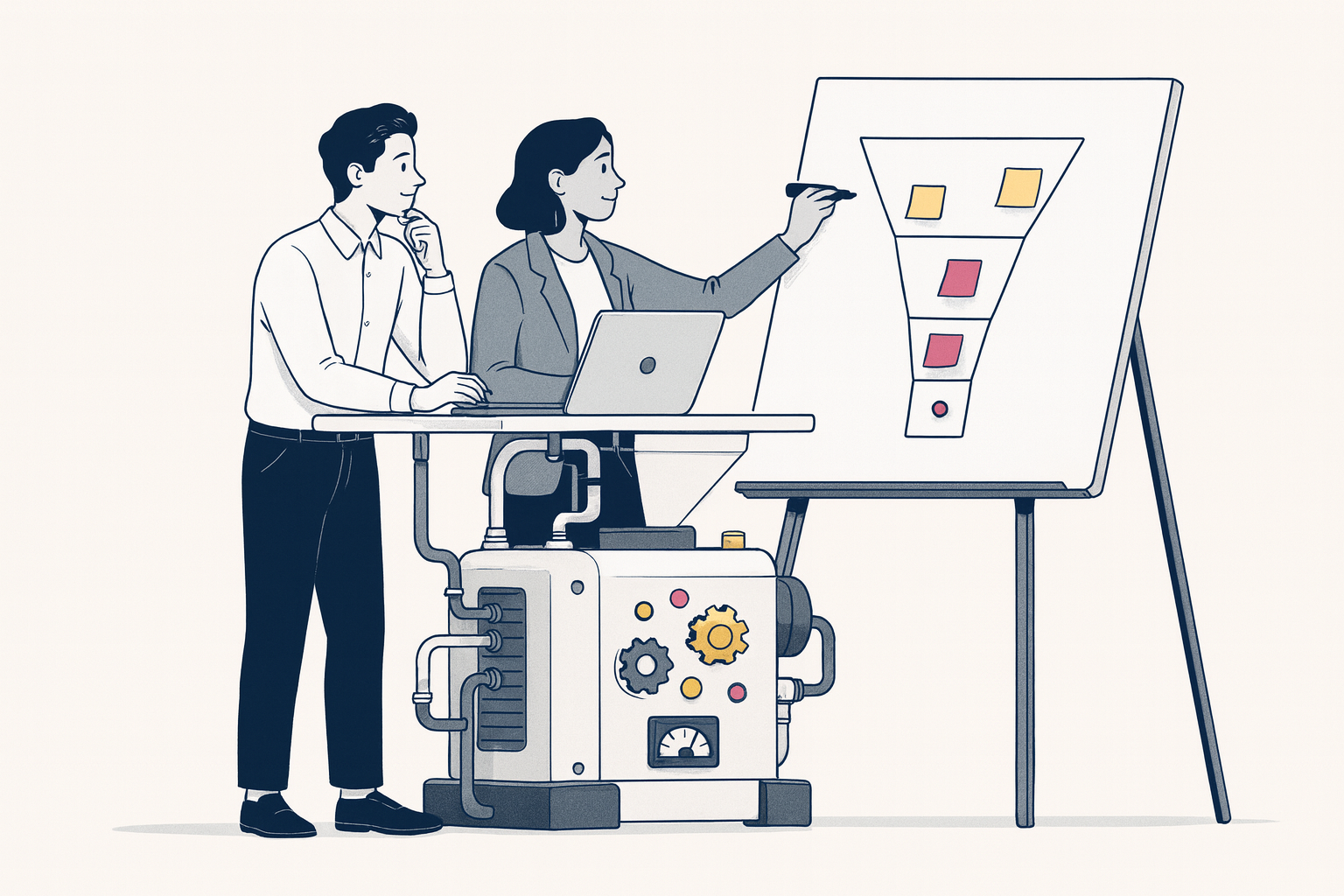 Founder and marketing lead working back from a revenue target to a marketing pipeline target on a whiteboard