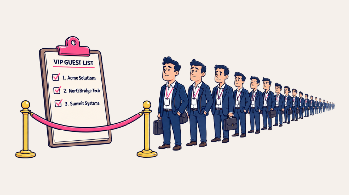 Editorial cartoon: a short VIP list with three names already written while other vendors wait behind a velvet rope