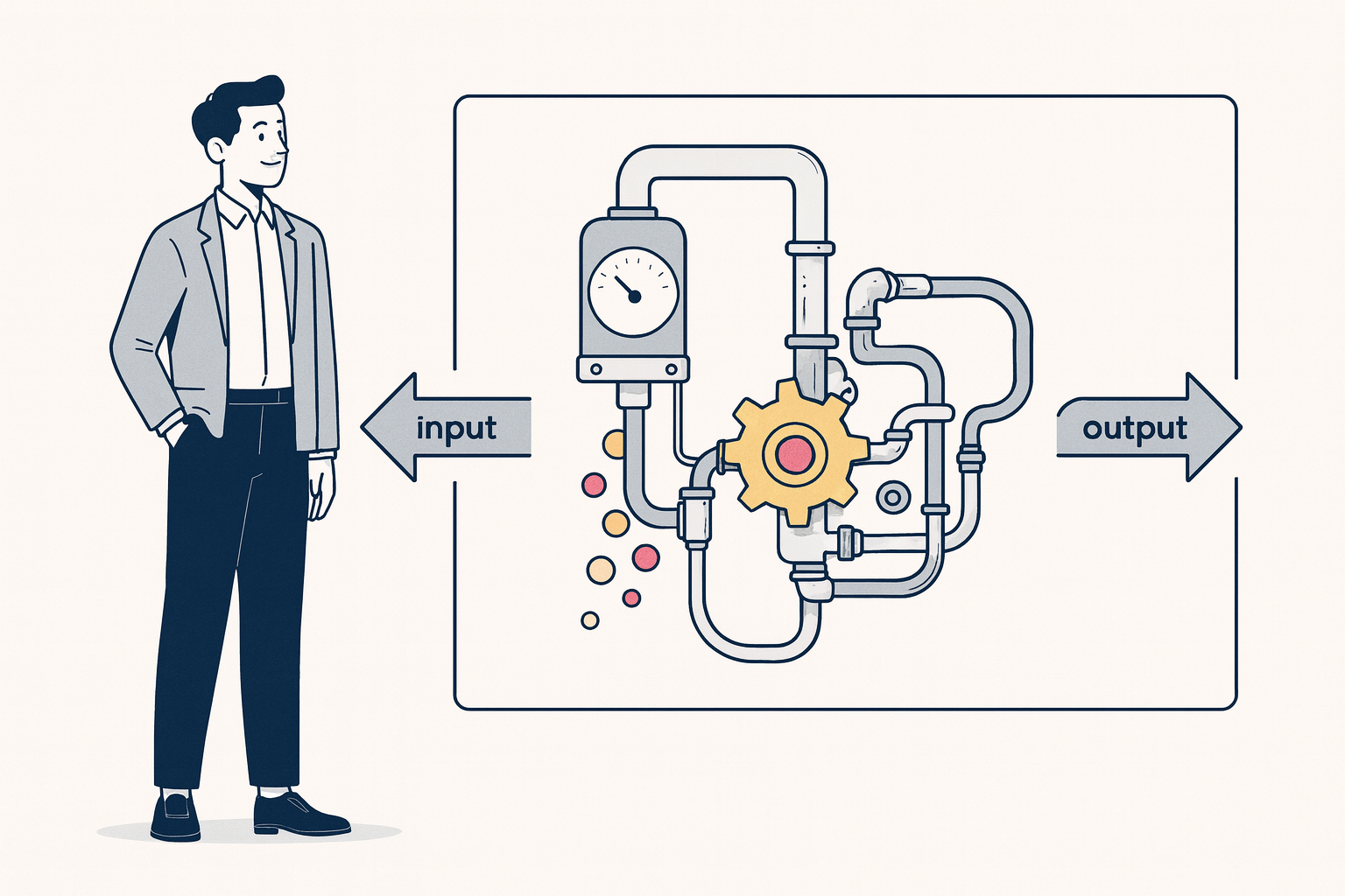 Diagram-style illustration of an AI marketing system showing data, workflow logic, a model, and a human review gate connected in sequence