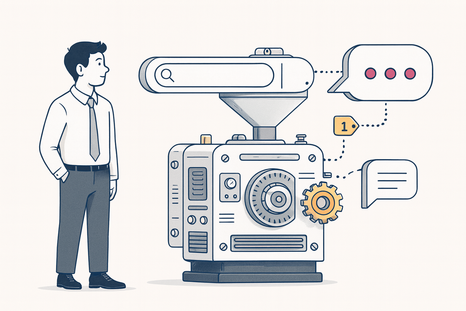 Editorial illustration explaining generative engine optimization, an AI answer citing a source
