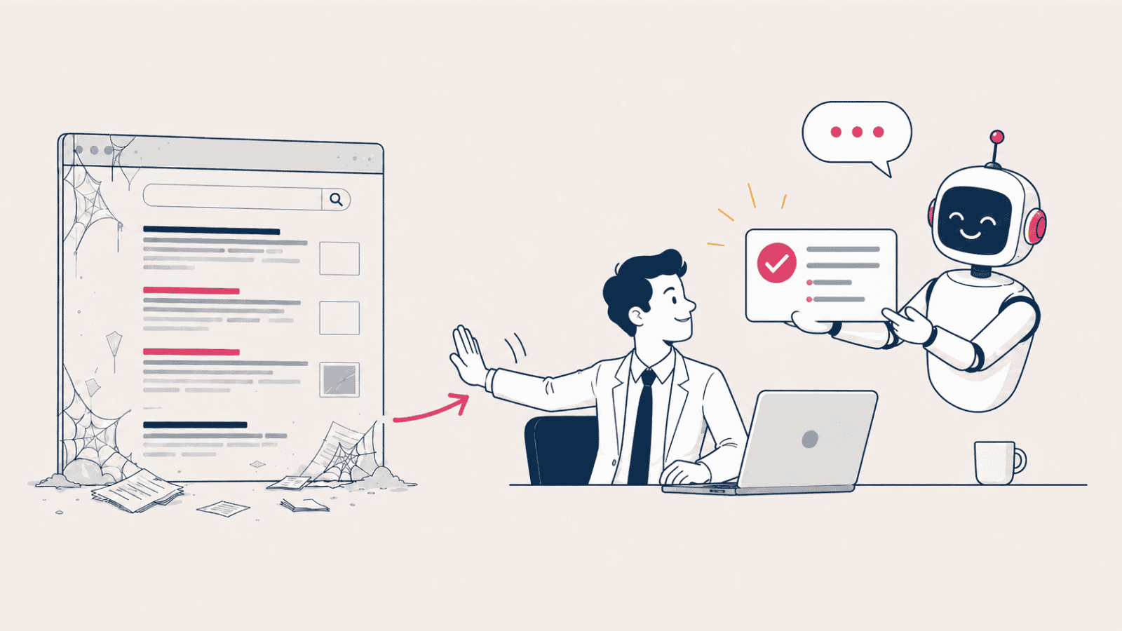 Editorial cartoon: a B2B buyer turning from a dusty search-results page to a friendly AI assistant