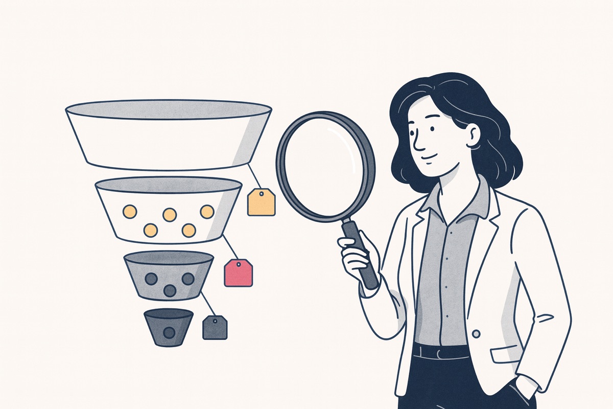 A marketing leader examining a layered marketing funnel with a magnifying glass, each layer tagged, illustrating a structured marketing audit